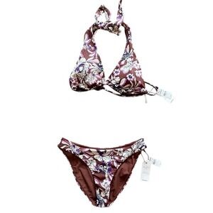 EXPRESS‎ WOMENS BODY CONTOUR SWIM XL L NWT BROWN PURPLE CREAM FLORAL